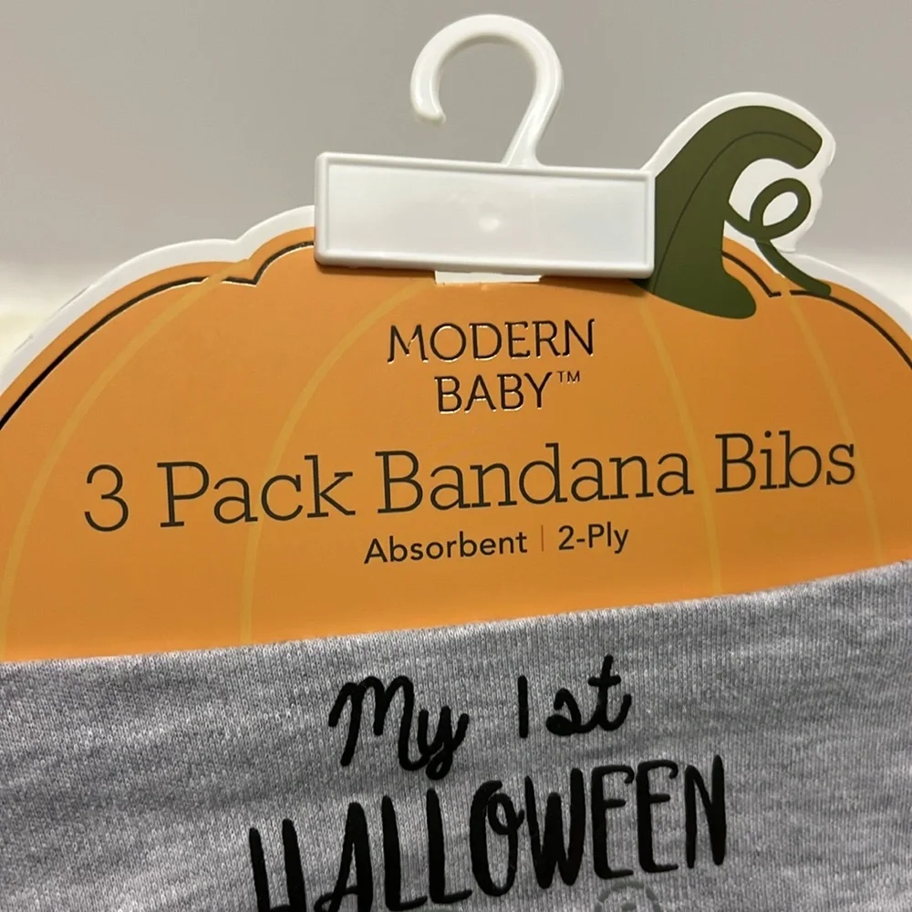 Modern Baby 3 Pack Bandana Bibs - My 1st Halloween Pumpkins Green - 2-ply
